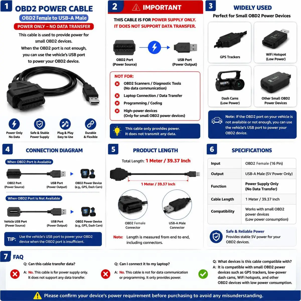WSDMAVIS 1Meter 16 Pins OBD2 Female to USB A Male Power Connection Cable | Power Supply Only, 1m - view 2