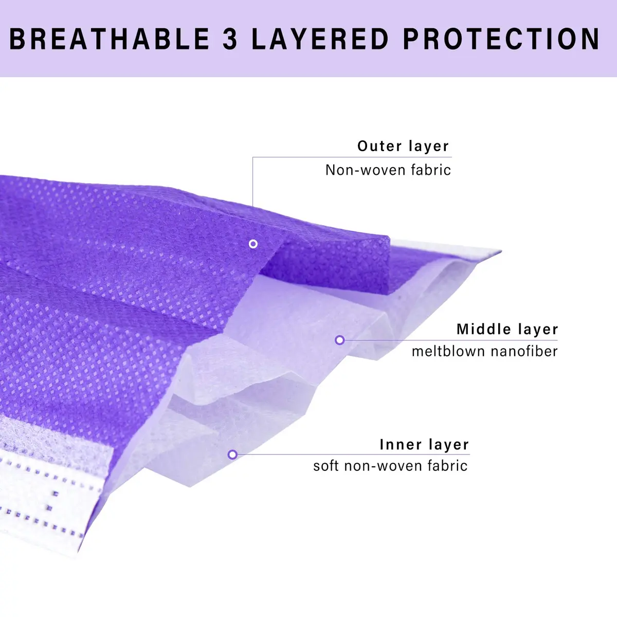 Borje Purple Disposable Face Mask 100 Pcs | 3 Ply Breathable Non-Woven Masks for Adults - view 2