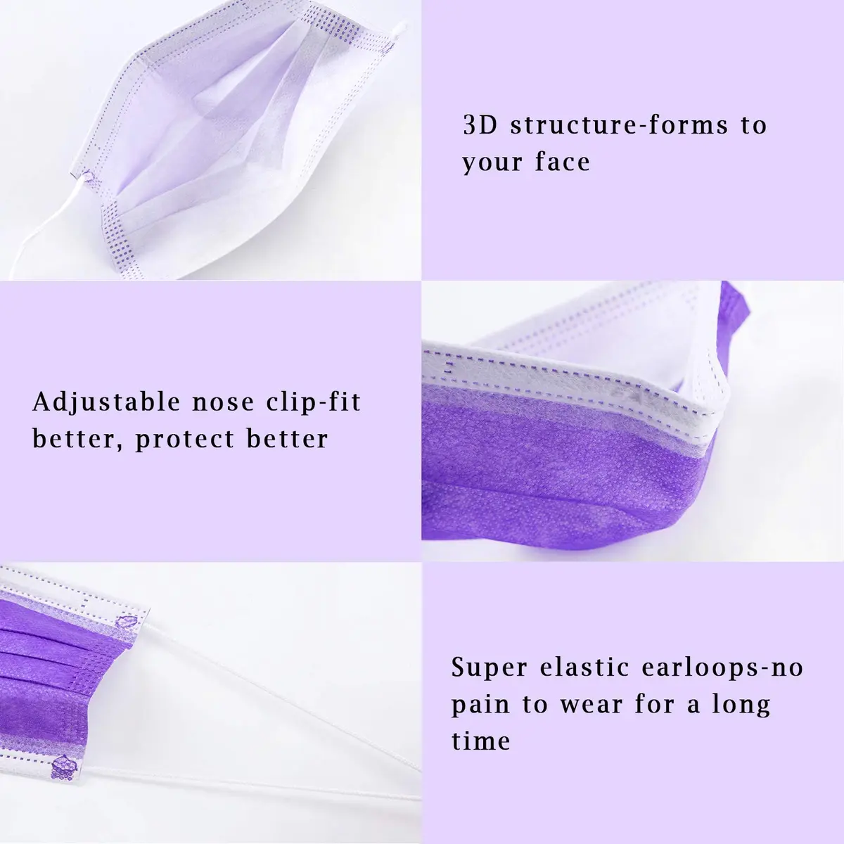 Borje Purple Disposable Face Mask 100 Pcs | 3 Ply Breathable Non-Woven Masks for Adults - view 3