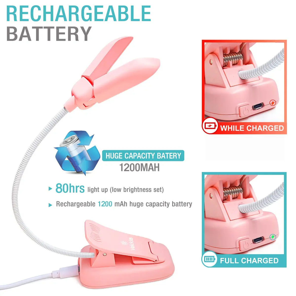 Vekkia 14 LED Rechargeable Book Light Pink | 70 Hrs Cordless Reading - view 5