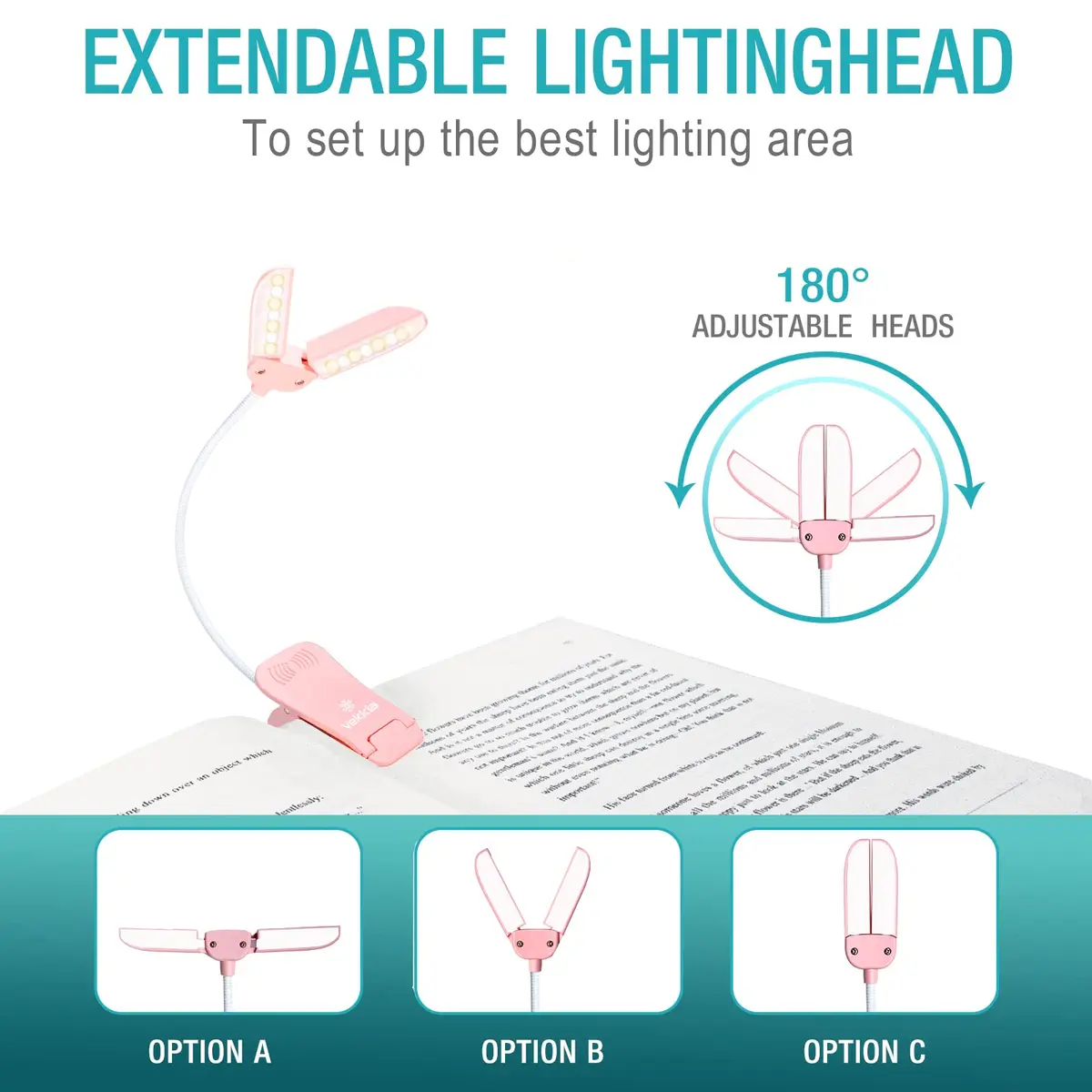 Vekkia 14 LED Rechargeable Book Light Pink | 70 Hrs Cordless Reading - view 4