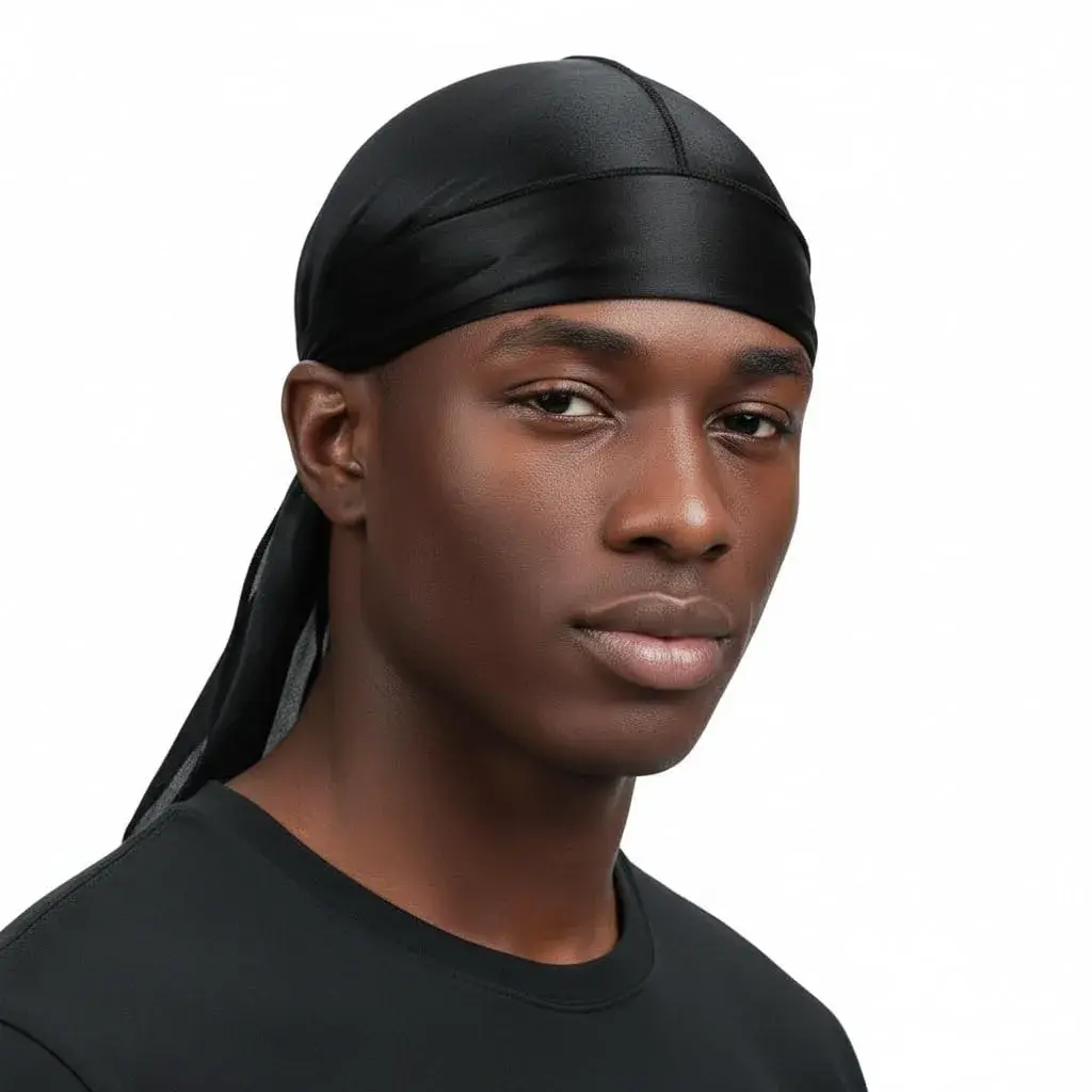 COCOSILK Black Silky Satin Durag for Men & Women, Long Tail Headwrap for Waves (1 pc) - main product image