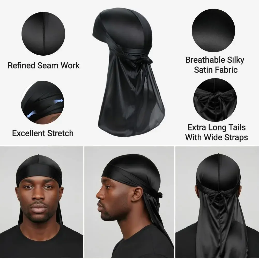 COCOSILK Black Silky Satin Durag for Men & Women, Long Tail Headwrap for Waves (1 pc) - view 2
