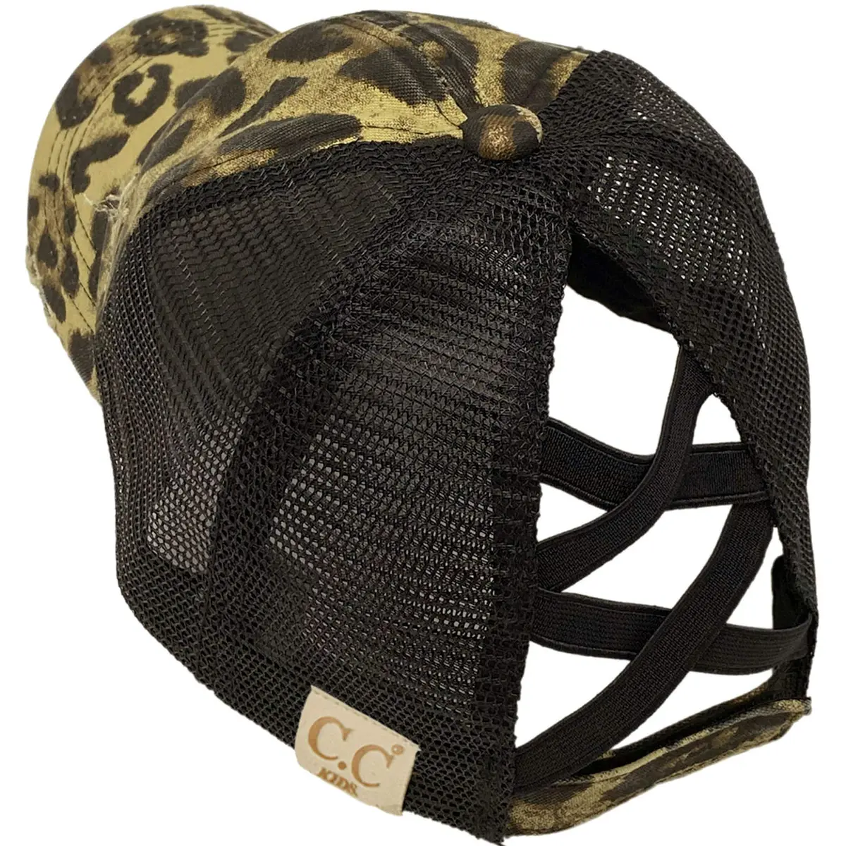C.C Kids Criss-Cross Ponycap Baseball Visor Hat with Mesh Back & Hook-and-Loop Closure, Distressed Leopard/Black, One Size - main product image