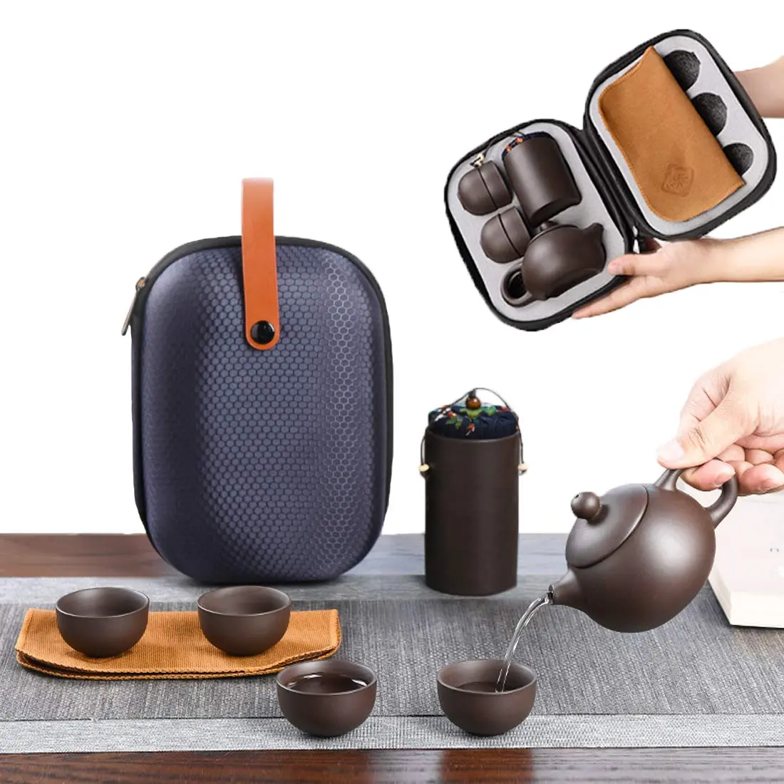 CAISANG Ceramic Travel Tea Sets 6 Pack | Portable Chinese Gongfu Purple Clay Teapot (22*16*9CM, 1.5KG) - main product image