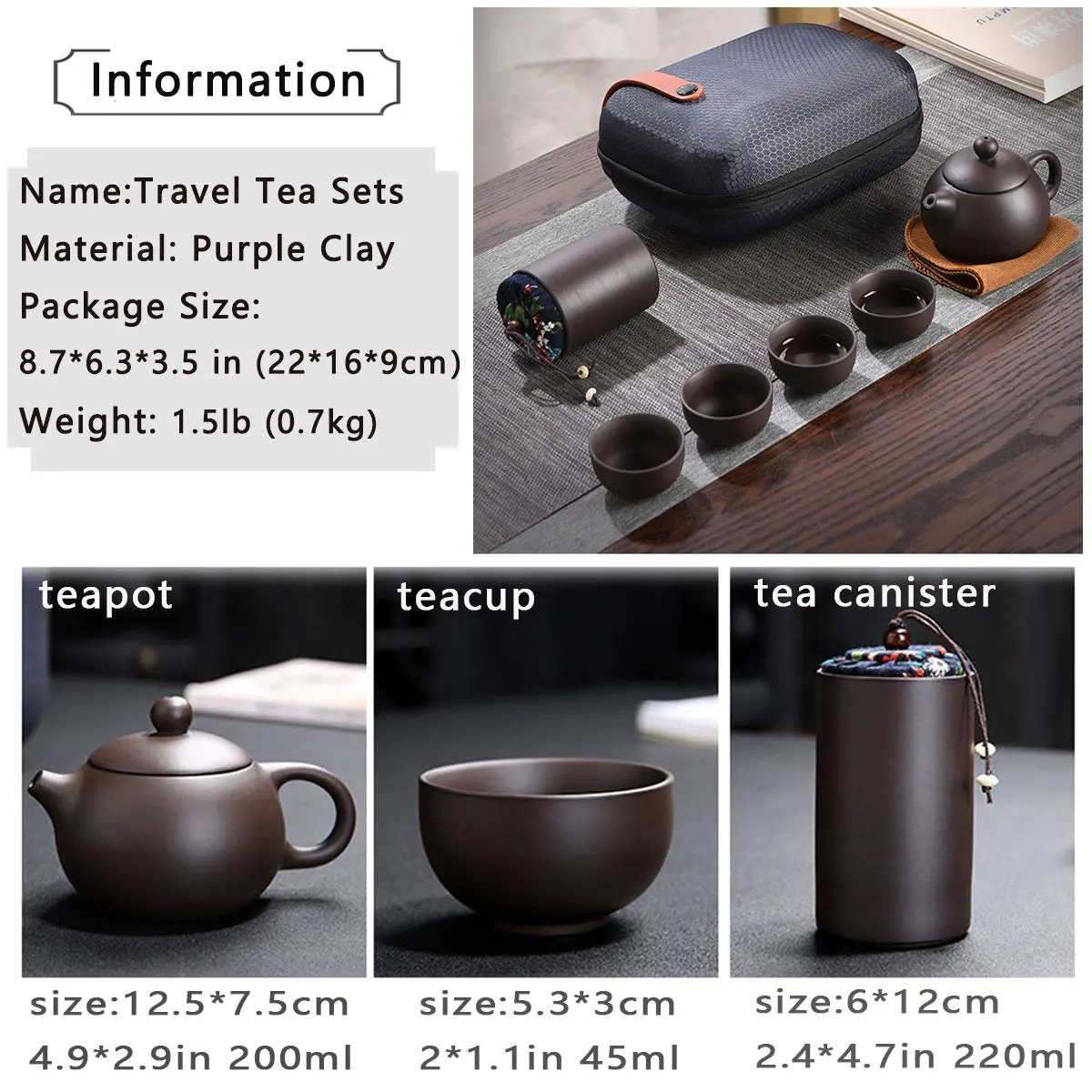 CAISANG Ceramic Travel Tea Sets 6 Pack | Portable Chinese Gongfu Purple Clay Teapot (22*16*9CM, 1.5KG) - view 5