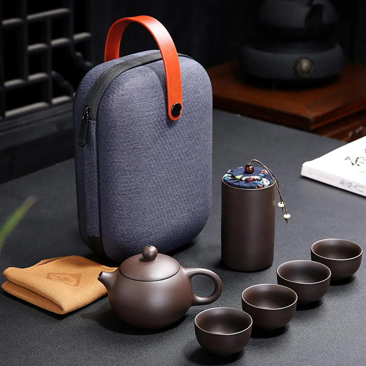 CAISANG Ceramic Travel Tea Sets 6 Pack | Portable Chinese Gongfu Purple Clay Teapot (22*16*9CM, 1.5KG) - view 2