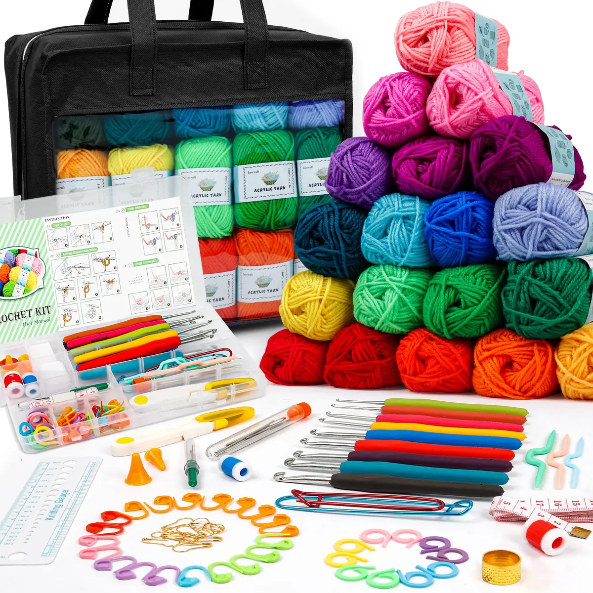 INSCRAFT Crochet Kit for Beginners & Professionals | 103 pcs, 1650 Yards Acrylic Yarn, Accessories, Reusable Bag - main product image