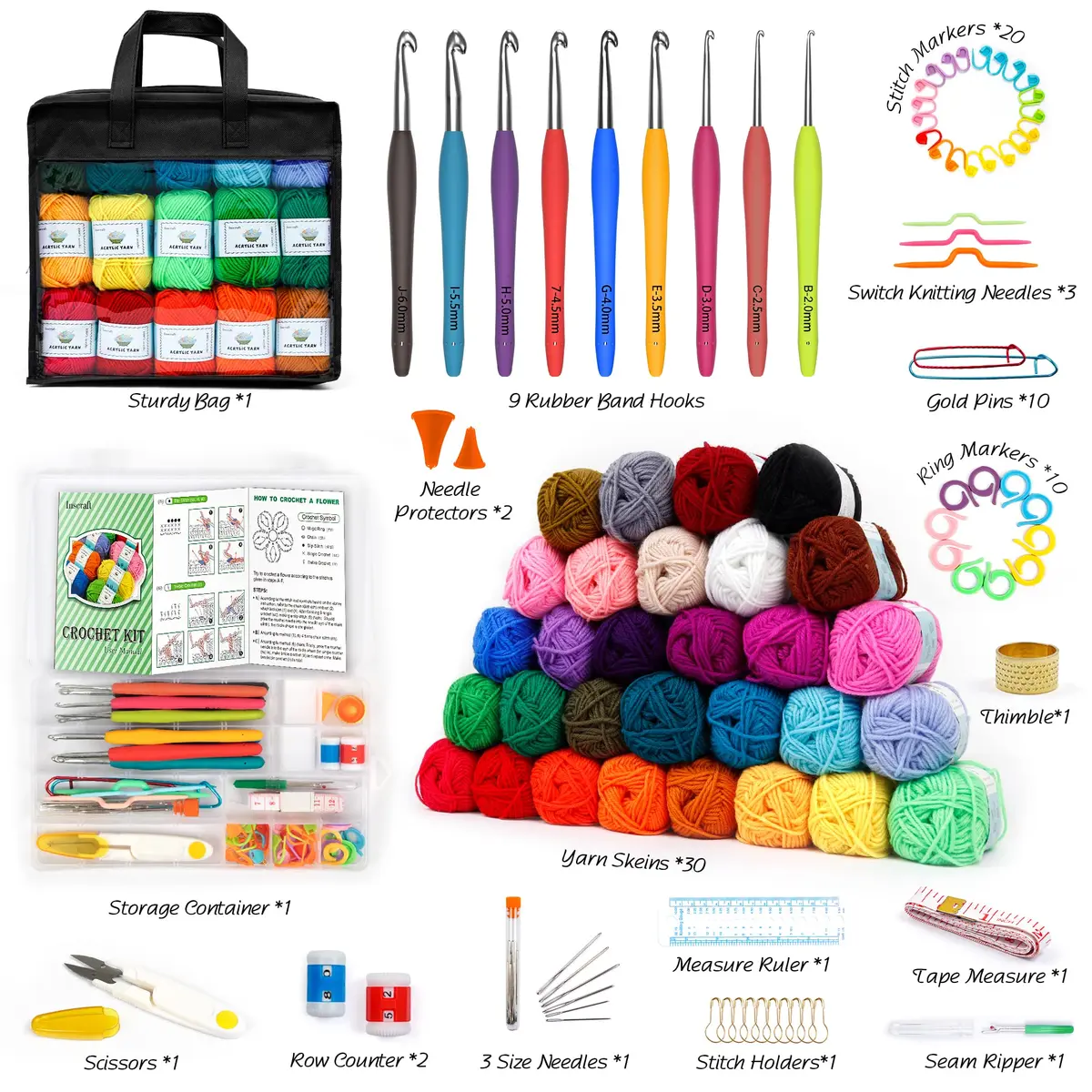 INSCRAFT Crochet Kit for Beginners & Professionals | 103 pcs, 1650 Yards Acrylic Yarn, Accessories, Reusable Bag - view 2