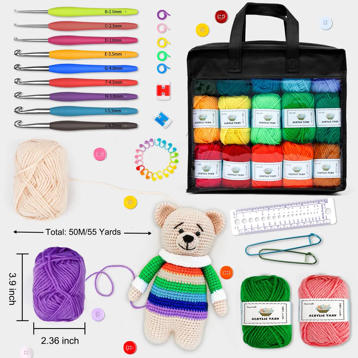 INSCRAFT Crochet Kit for Beginners & Professionals | 103 pcs, 1650 Yards Acrylic Yarn, Accessories, Reusable Bag - view 3
