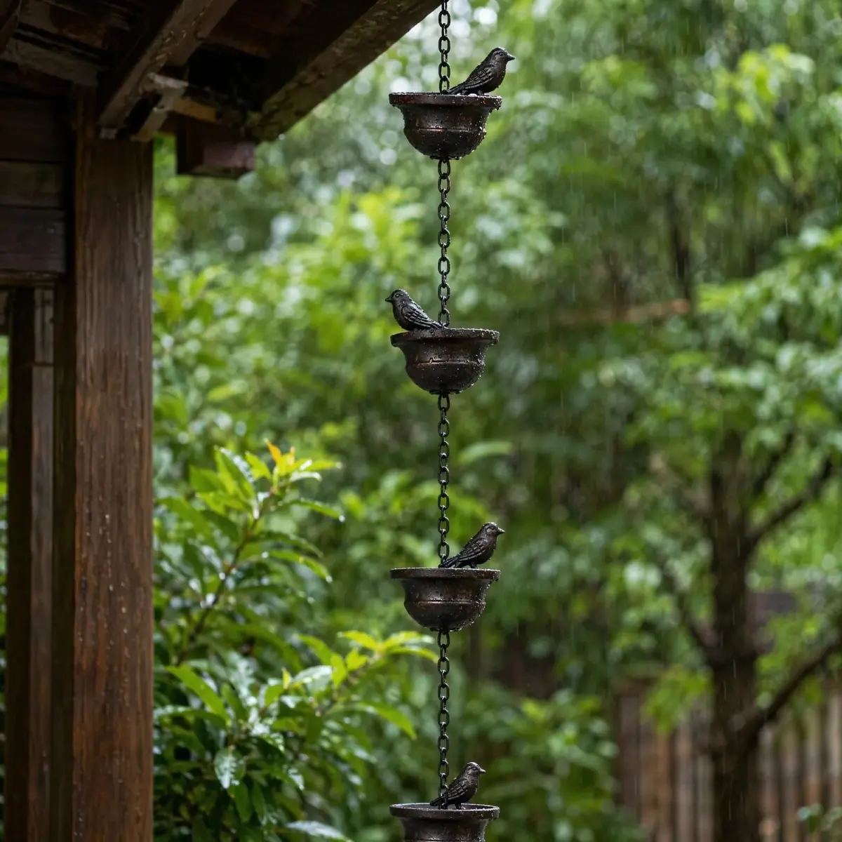 Jemeni 5.5 ft Rain Chain with 8 Birds on Cups | Rust-Proof Iron Gutter Chain for Outdoor Decor - view 7