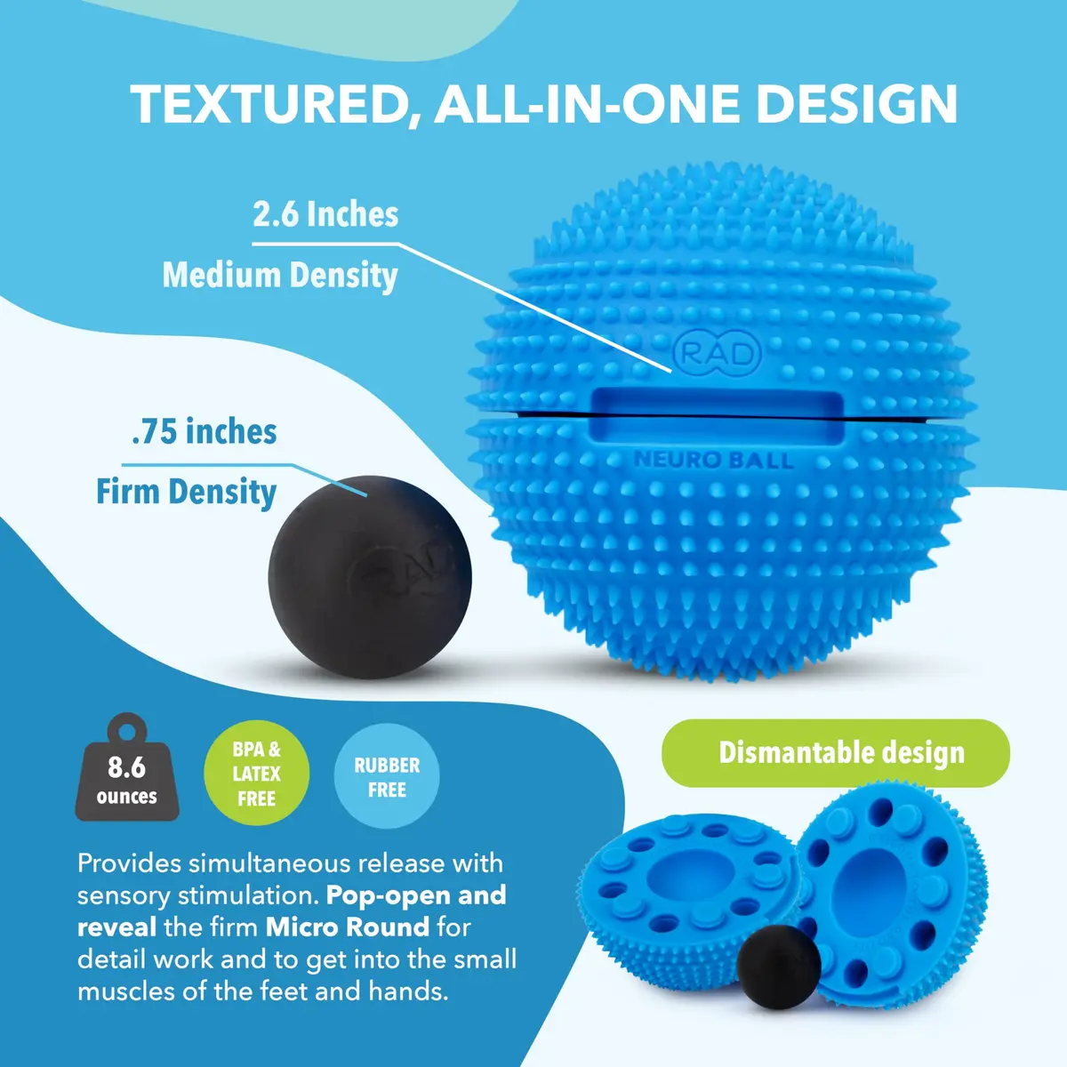 RAD Neuro Ball Foot Roller & Textured Massage Ball for Myofascial Release, Plantar Fasciitis, Hands & Face – Spiky Therapy Tool for Muscle Relief 6 oz (170 g) - view 4