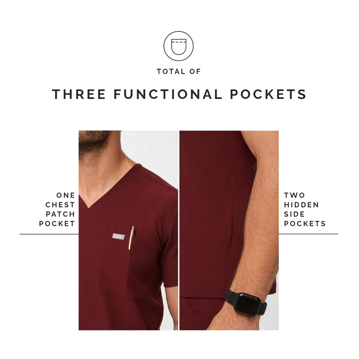 FIGS Chisec Three-Pocket Men’s Scrub Top – Burgundy, M | Technical Comfort & Durable Fit - view 6
