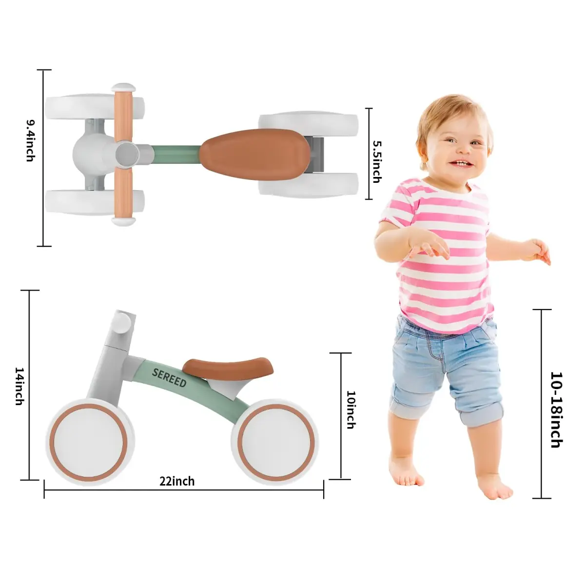 SEREED Baby Balance Bike Green 1.6kg (3.6 lb) | ASTM-Tested for Toddlers 12-24 Months - view 3