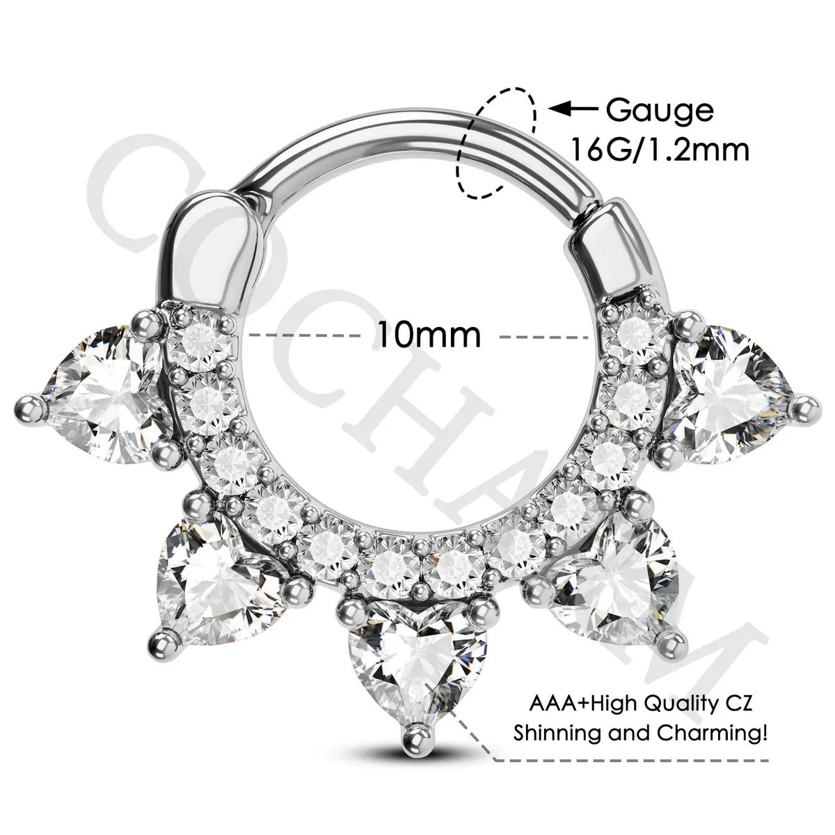 COCHARM Hypoallergenic Septum Ring 16 Gauge 10MM Silver Clicker Jewelry for Women Men - view 3