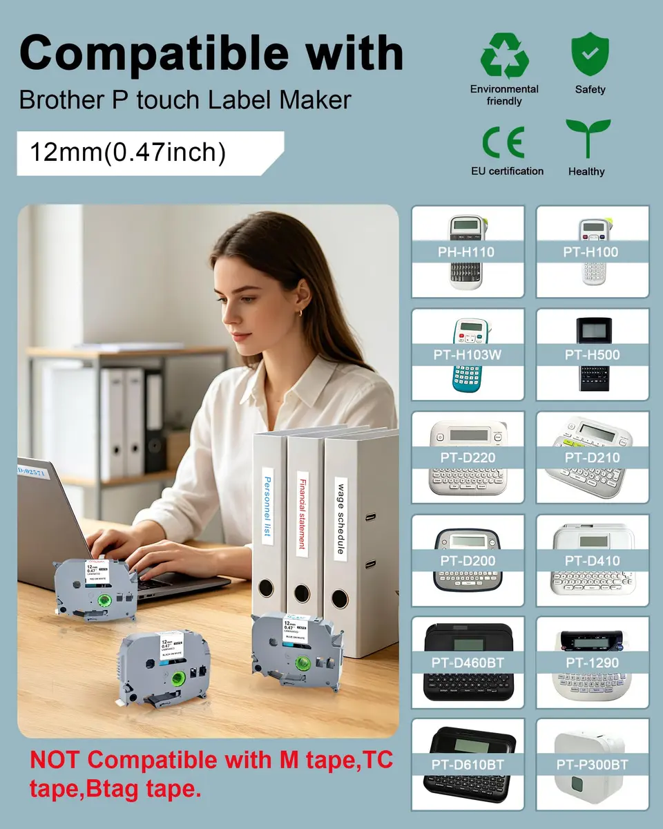 TITBIT Compatible TZe Tape 12mm Laminated White on White | Water-Resistant & Easy Peeling - view 2