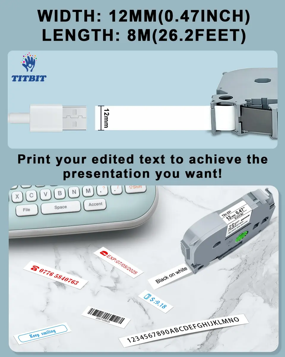 TITBIT Compatible TZe Tape 12mm Laminated White on White | Water-Resistant & Easy Peeling - view 3