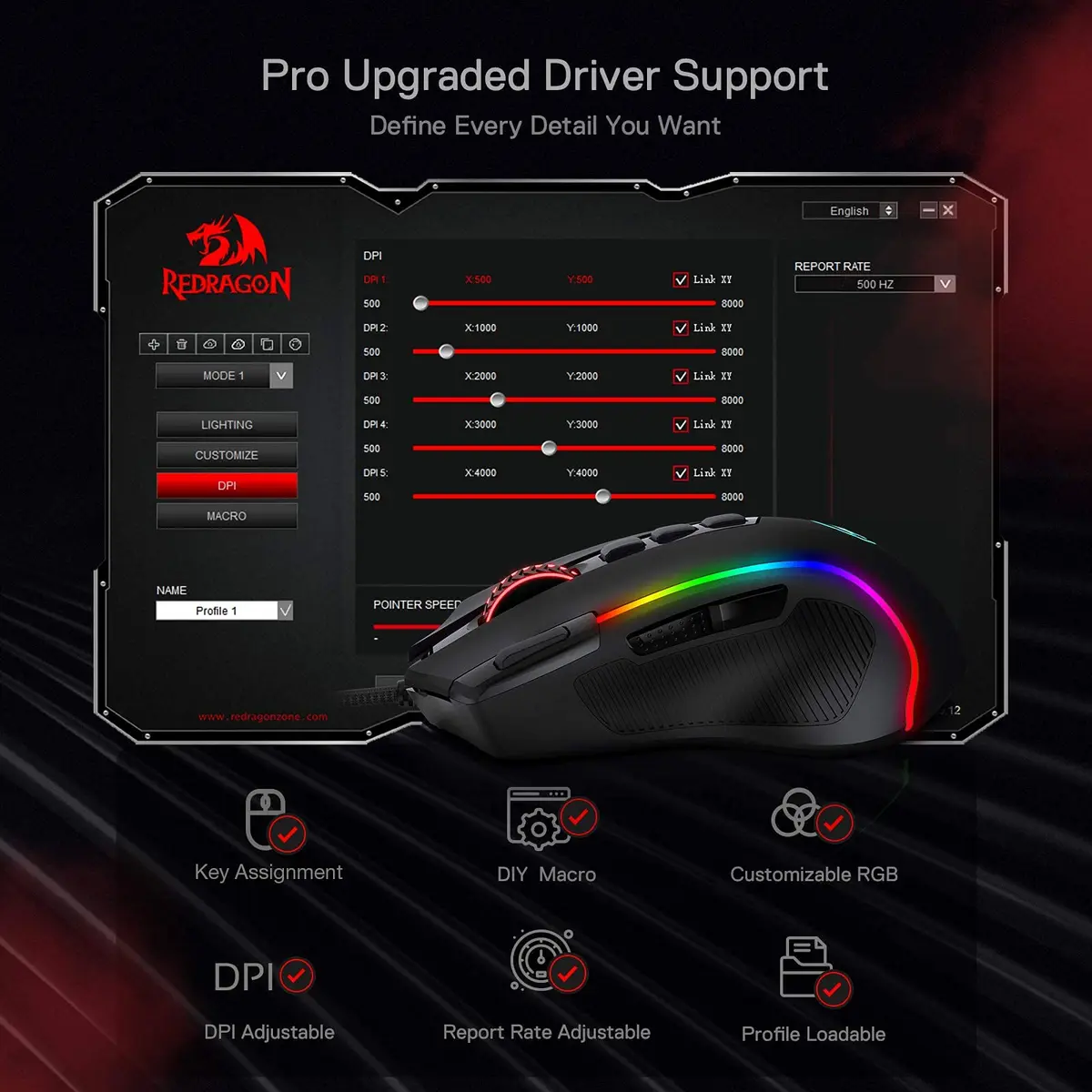 Redragon M612 Predator Wired RGB Optical Gaming Mouse 8000 DPI, 126g | 11 Programmable Buttons, Pixart P3104 Sensor - view 8