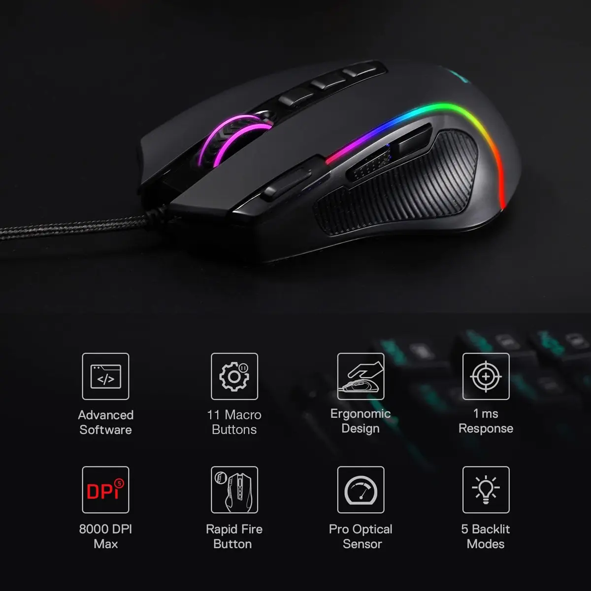 Redragon M612 Predator Wired RGB Optical Gaming Mouse 8000 DPI, 126g | 11 Programmable Buttons, Pixart P3104 Sensor - view 3