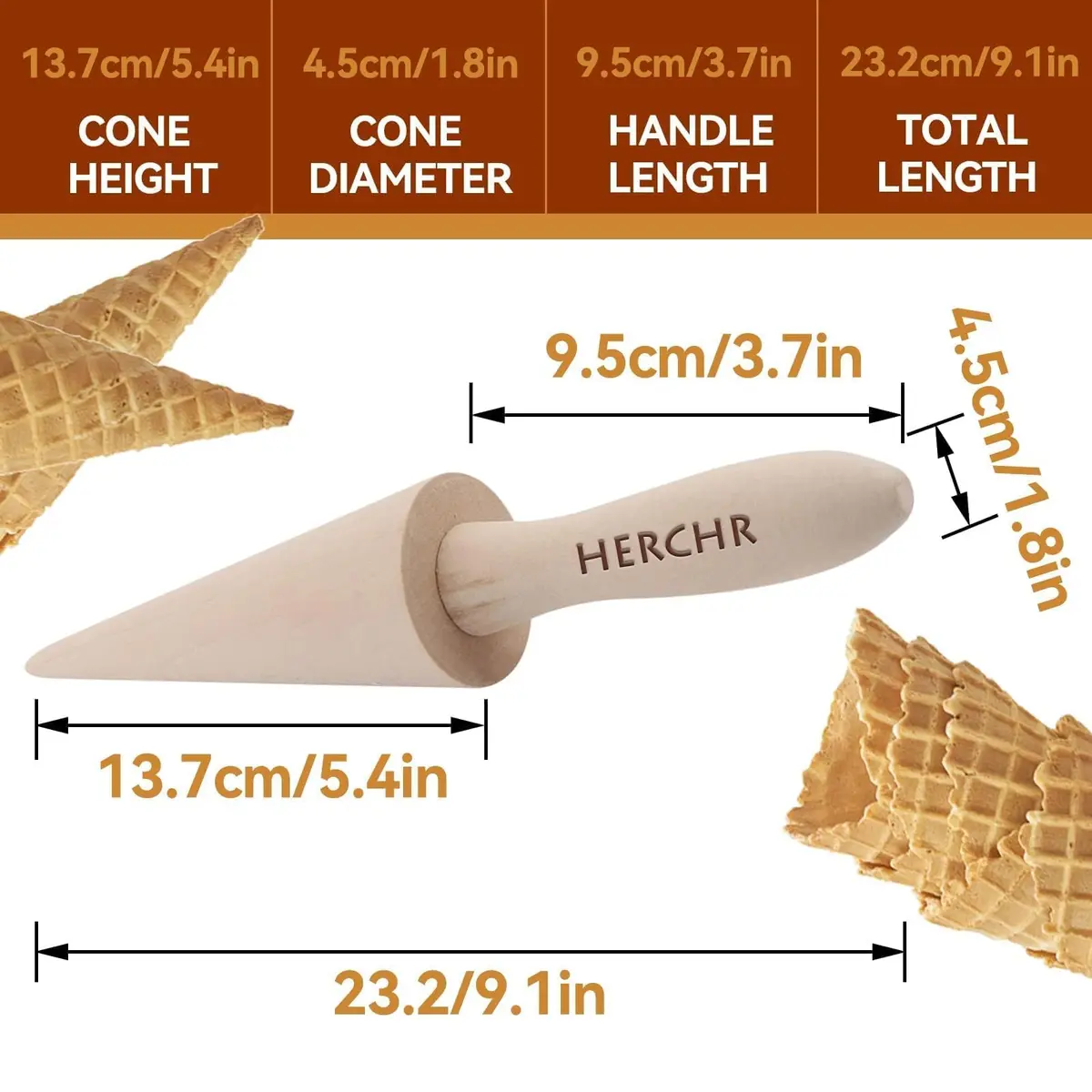 HERCHR Natural Wood Cone Roller for Pizzelles, Krumkakes & Ice Cream Cones | 23cm (9.1in) - view 2