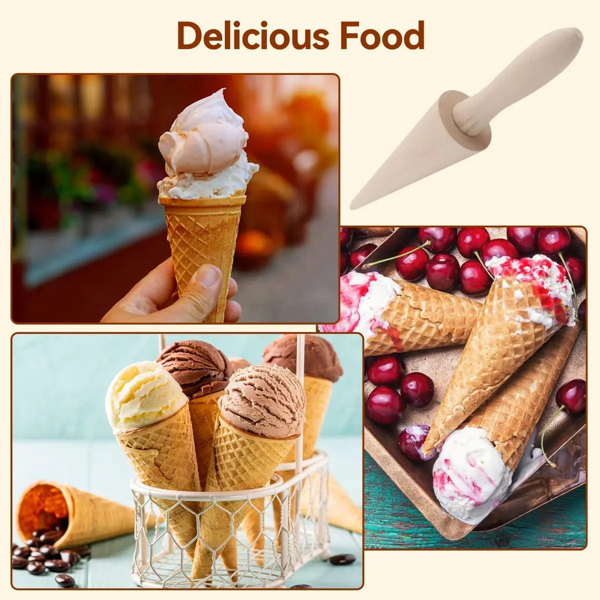 HERCHR Natural Wood Cone Roller for Pizzelles, Krumkakes & Ice Cream Cones | 23cm (9.1in) - view 3