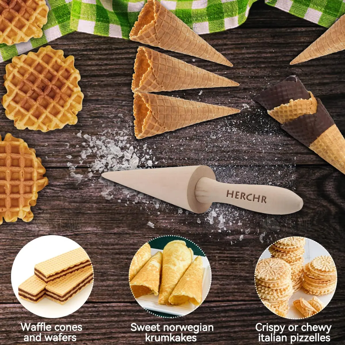 HERCHR Natural Wood Cone Roller for Pizzelles, Krumkakes & Ice Cream Cones | 23cm (9.1in) - view 4