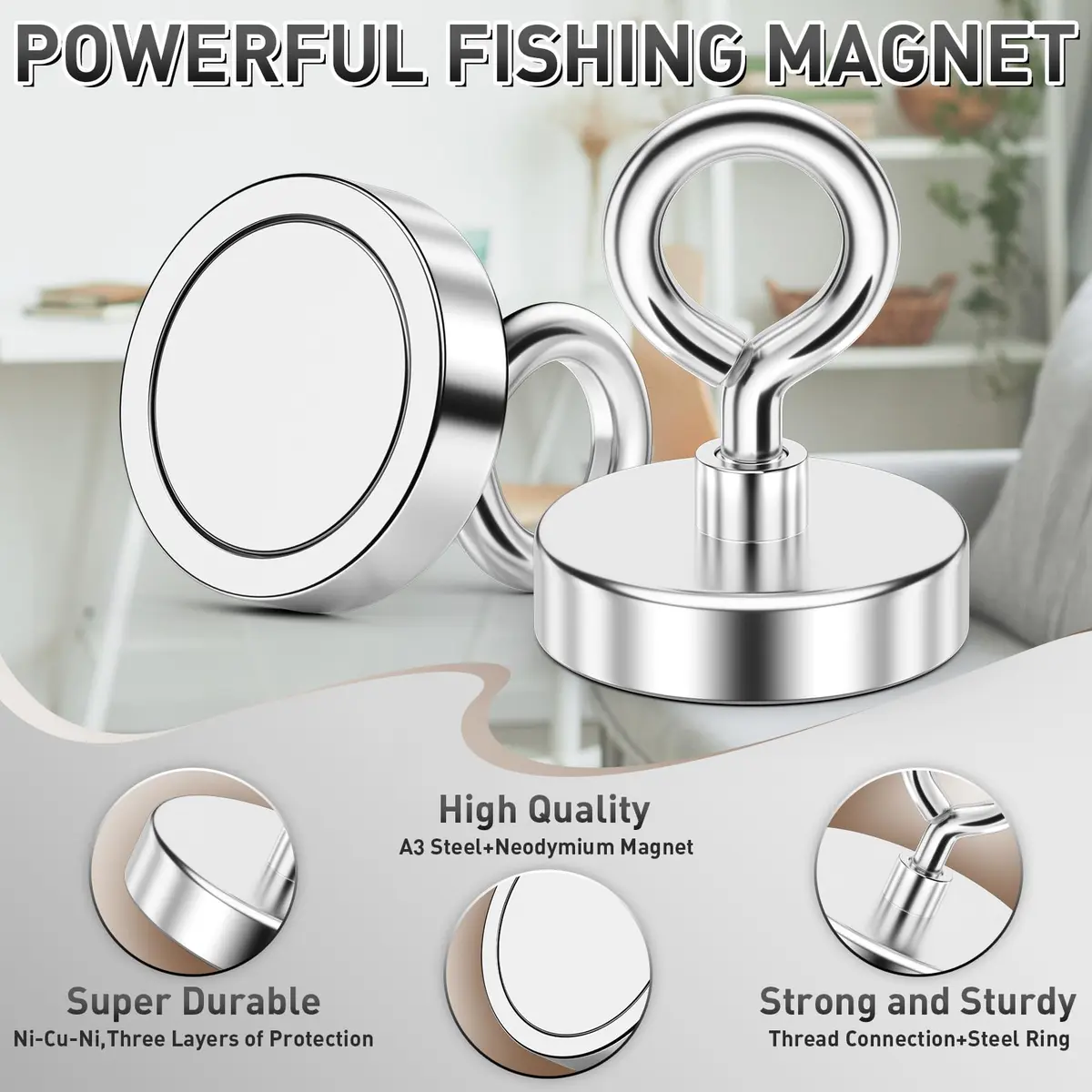 FINDMAG 200 LBS Fishing Magnet 45mm (1.76 Inch) Diameter | Strong Neodymium Metal Pickup Tool with Eyebolt - view 8