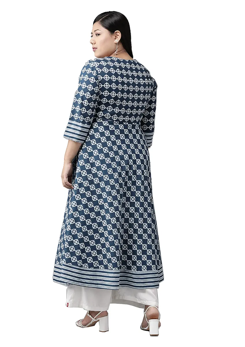 Yash Gallery Women's Cotton Floral Print Anarkali Kurta Blue Medium | Traditional Indian Wear for Office & Casual - view 4