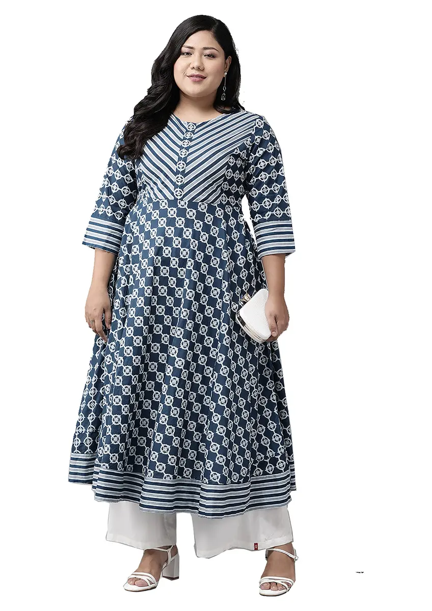 Yash Gallery Women's Cotton Floral Print Anarkali Kurta Blue Medium | Traditional Indian Wear for Office & Casual - main product image