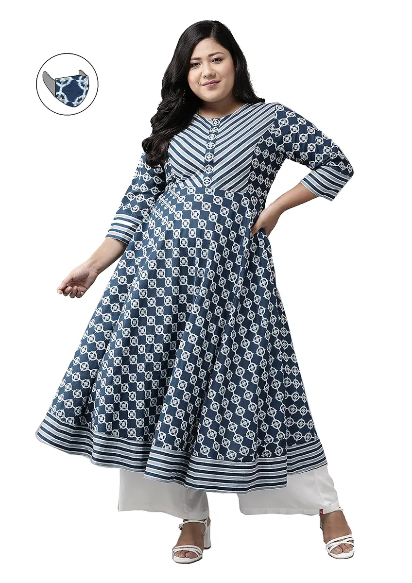 Yash Gallery Women's Cotton Floral Print Anarkali Kurta Blue L | 91 cm (36 in) Length - view 3