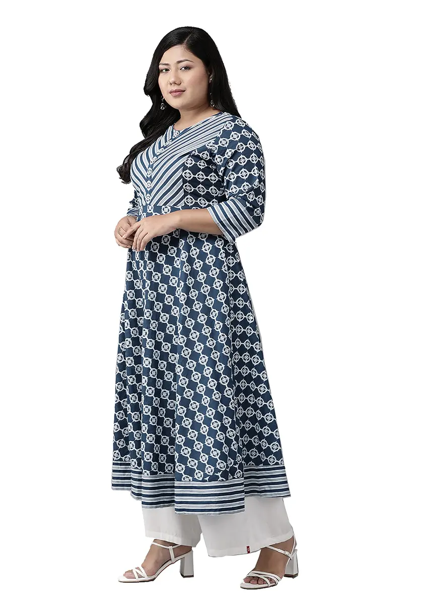 Yash Gallery Women's Cotton Floral Print Anarkali Kurta Blue | V-Neck 3/4 Sleeve Calf Length - view 2