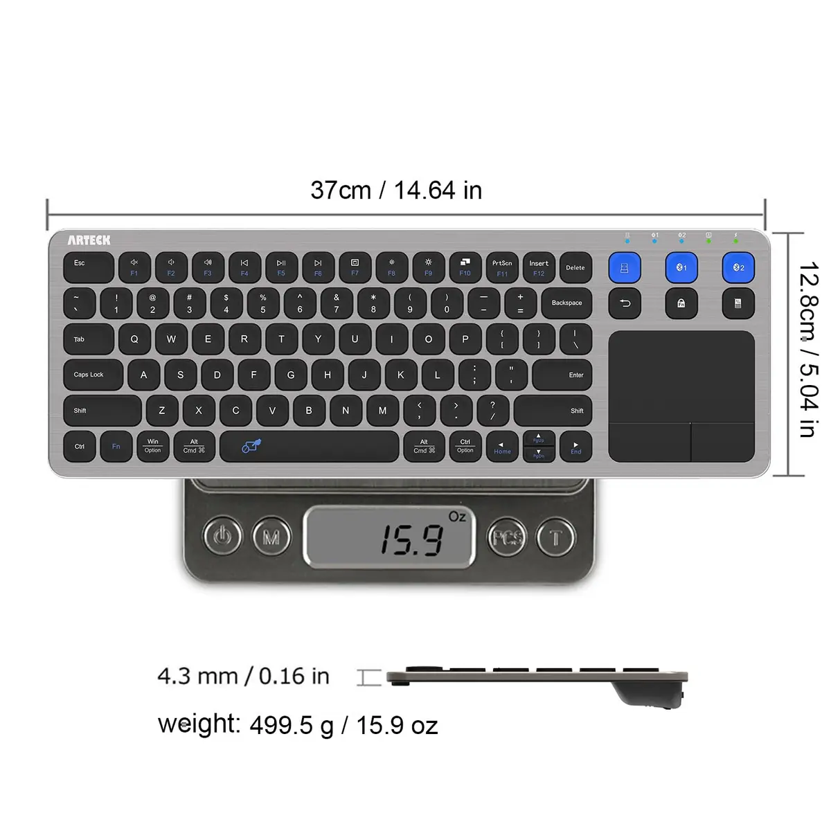 Arteck Universal Grey Wireless & Bluetooth Keyboard with Touchpad | 10m Range, Multi-Device Connect - view 5