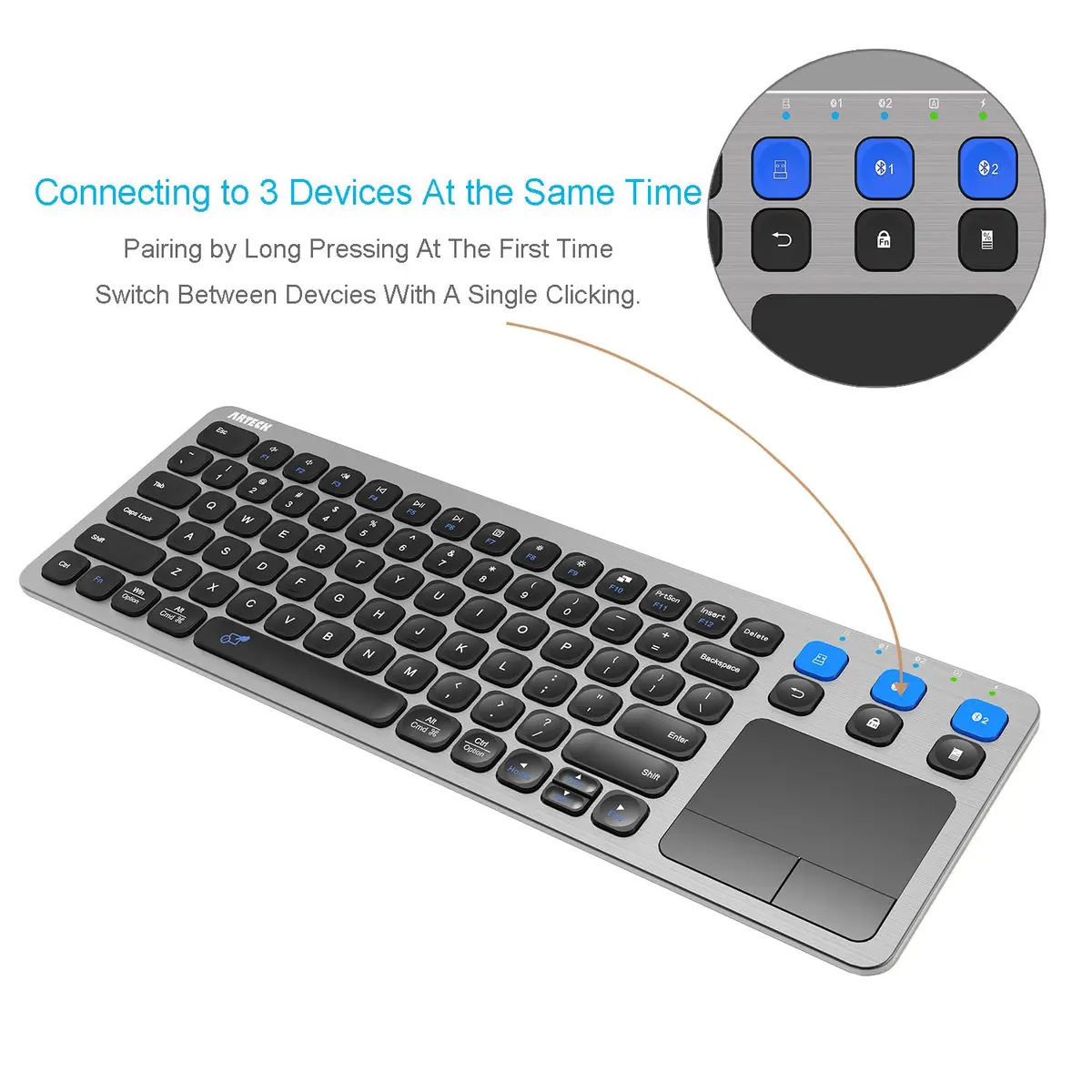 Arteck Universal Grey Wireless & Bluetooth Keyboard with Touchpad | 10m Range, Multi-Device Connect - view 2