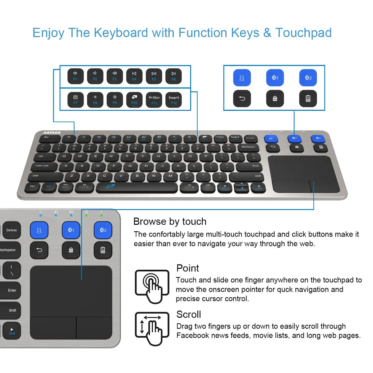 Arteck Universal Grey Wireless & Bluetooth Keyboard with Touchpad | 10m Range, Multi-Device Connect - view 3