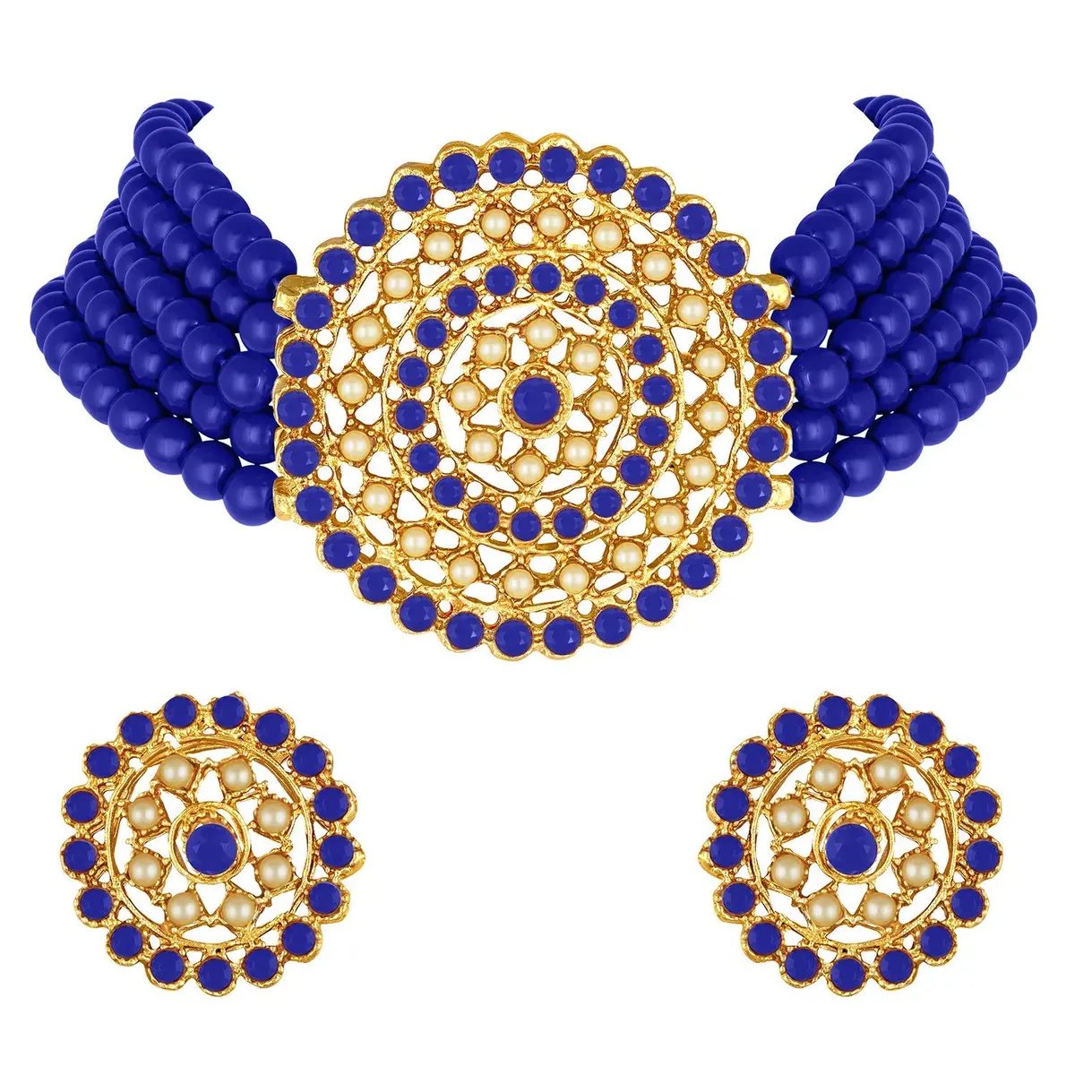 I Jewels Gold Plated Beaded Choker Set with Moti Work & Earrings, 21cm Necklace, 58g | Traditional Indian Bridal Jewelry - main product image