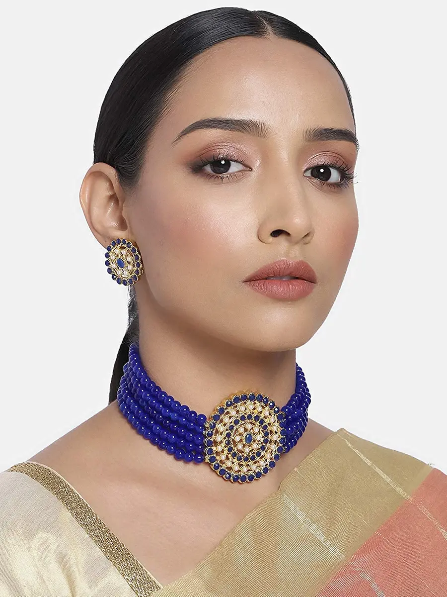 I Jewels Gold Plated Beaded Choker Set with Moti Work & Earrings, 21cm Necklace, 58g | Traditional Indian Bridal Jewelry - view 2