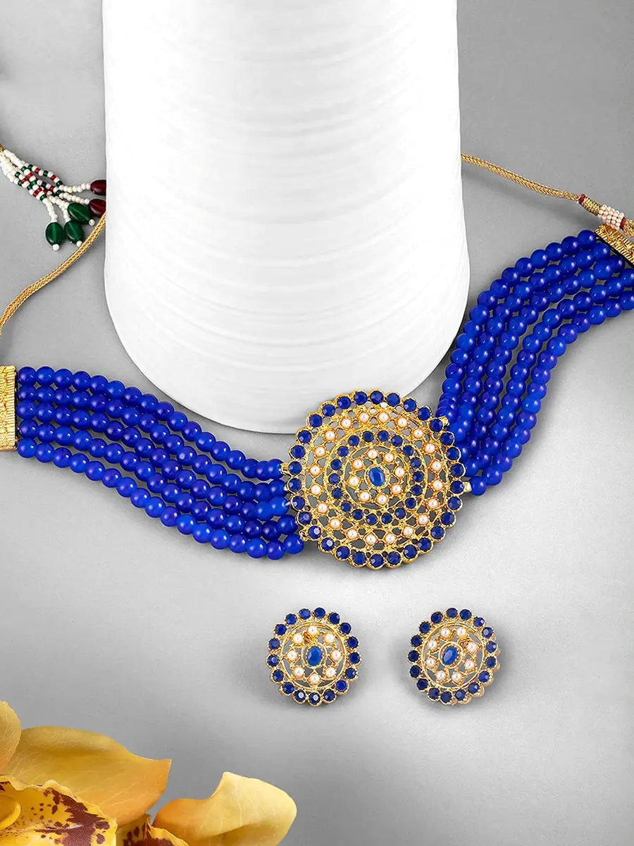 I Jewels Gold Plated Beaded Choker Set with Moti Work & Earrings, 21cm Necklace, 58g | Traditional Indian Bridal Jewelry - view 3