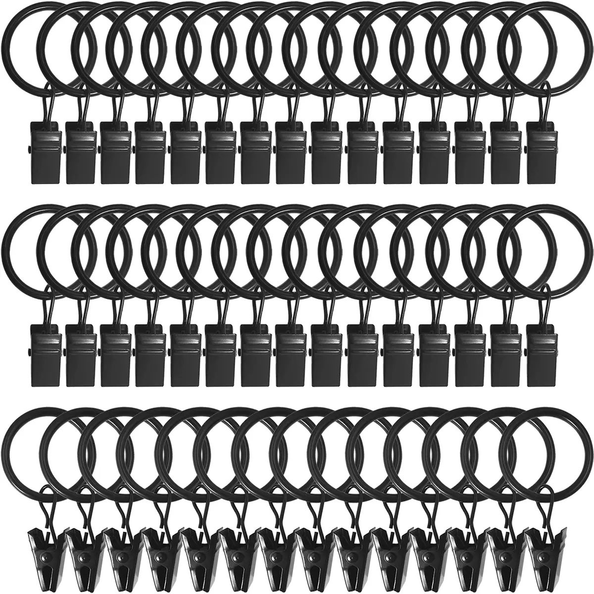 LLPJS Curtain Rings with Clips, 1 inch ID, 44 Pack, Black | Durable Metal Curtain Rings for Windows - main product image