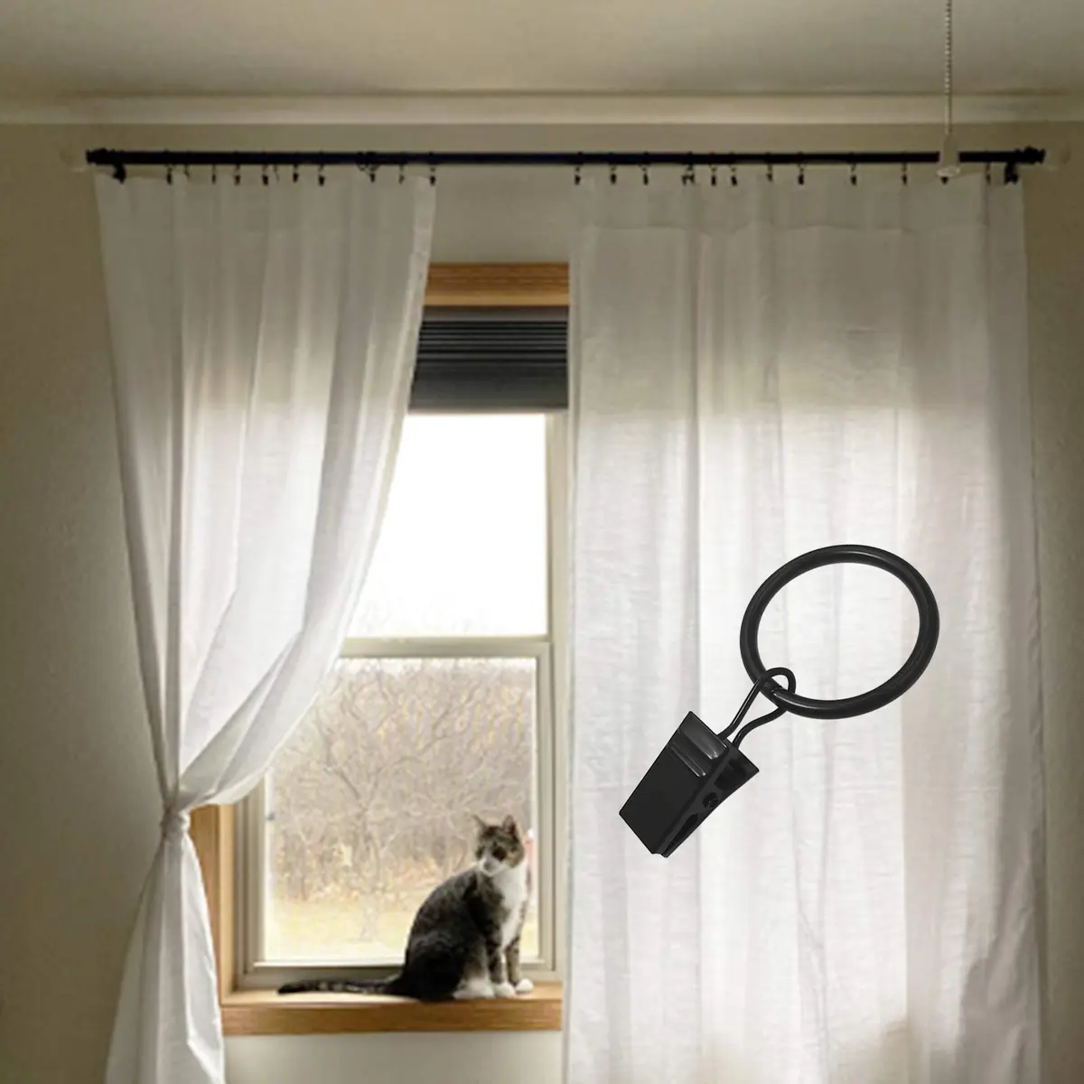 LLPJS Curtain Rings with Clips, 1 inch ID, 44 Pack, Black | Durable Metal Curtain Rings for Windows - view 5