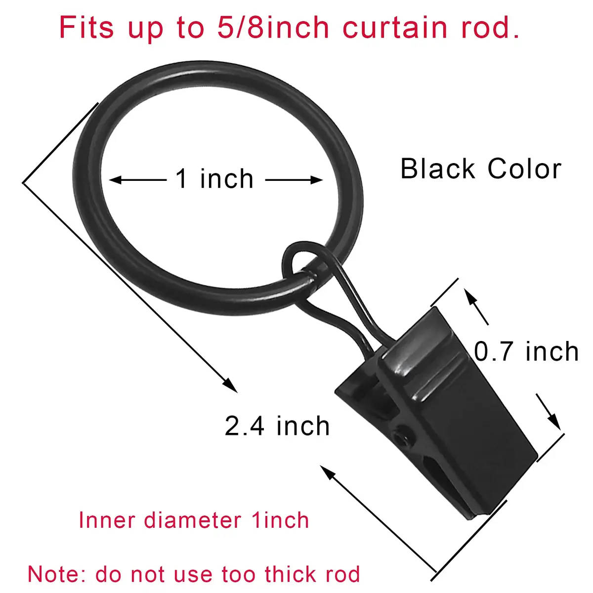 LLPJS Curtain Rings with Clips, 1 inch ID, 44 Pack, Black | Durable Metal Curtain Rings for Windows - view 2