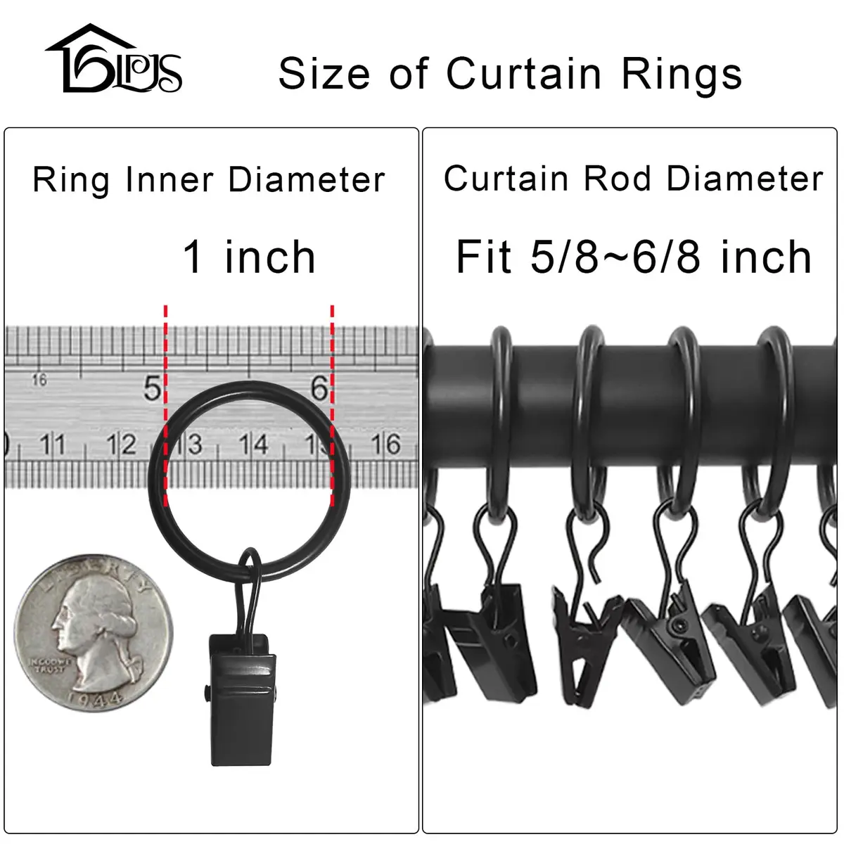 LLPJS Curtain Rings with Clips, 1 inch ID, 44 Pack, Black | Durable Metal Curtain Rings for Windows - view 3