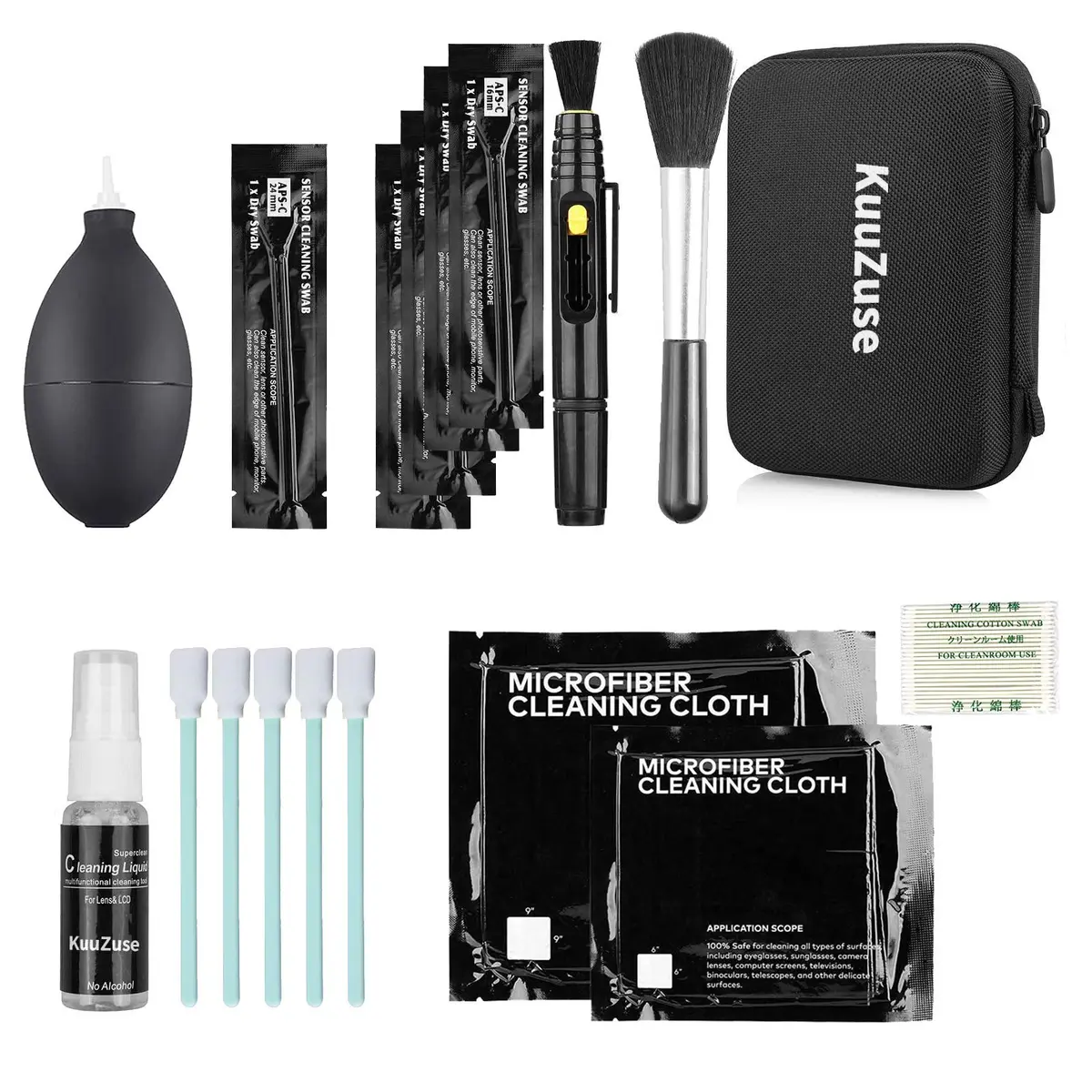 KuuZuse Camera Cleaning Kit for DSLR & APS-C Sensors | Microfiber Cloths, Lens Cleaner, Pen, Brush, Bag - main product image