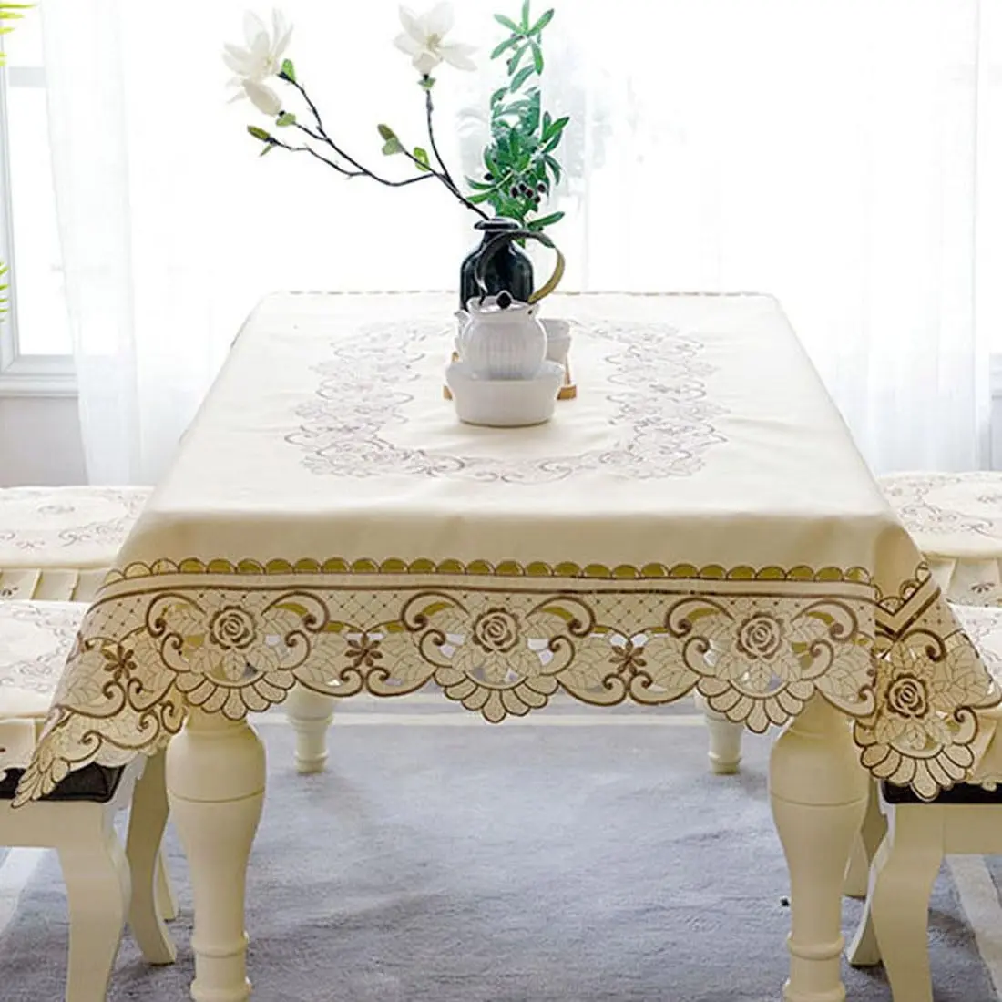 WELLYUK 57" x 57" (145 cm x 145 cm) Vintage Embroidered Brown Flower Classic Lace Square Tablecloth | Elegant Home Decor - view 5