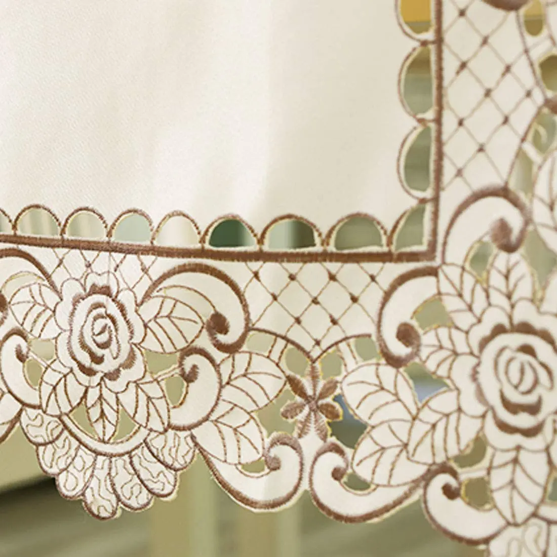 WELLYUK 57" x 57" (145 cm x 145 cm) Vintage Embroidered Brown Flower Classic Lace Square Tablecloth | Elegant Home Decor - view 6