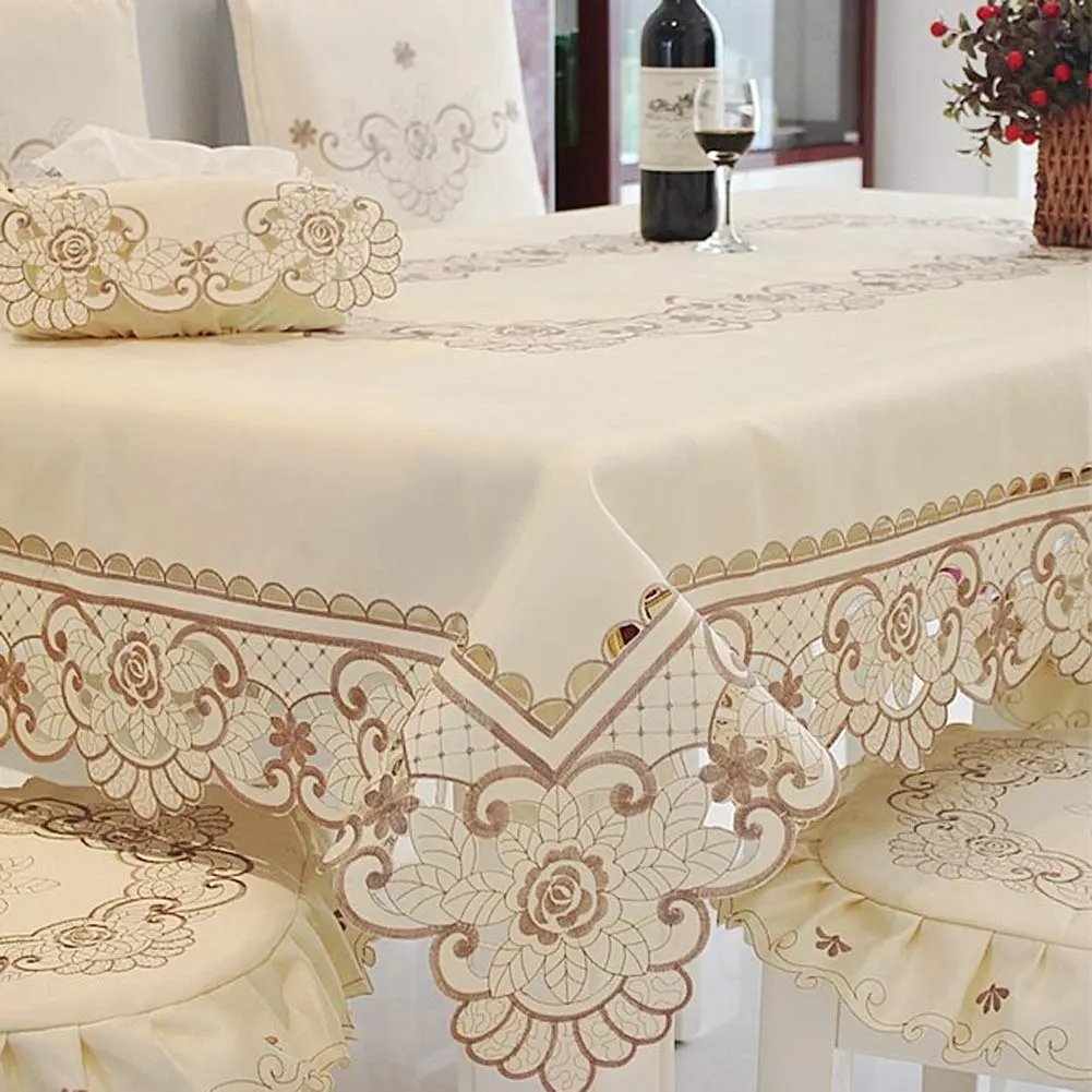 WELLYUK 57" x 57" (145 cm x 145 cm) Vintage Embroidered Brown Flower Classic Lace Square Tablecloth | Elegant Home Decor - view 7