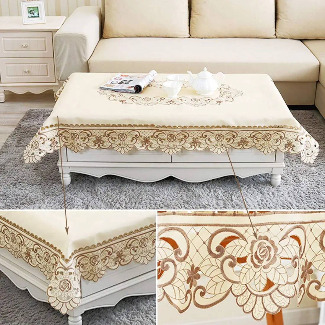 WELLYUK 57" x 57" (145 cm x 145 cm) Vintage Embroidered Brown Flower Classic Lace Square Tablecloth | Elegant Home Decor - view 2