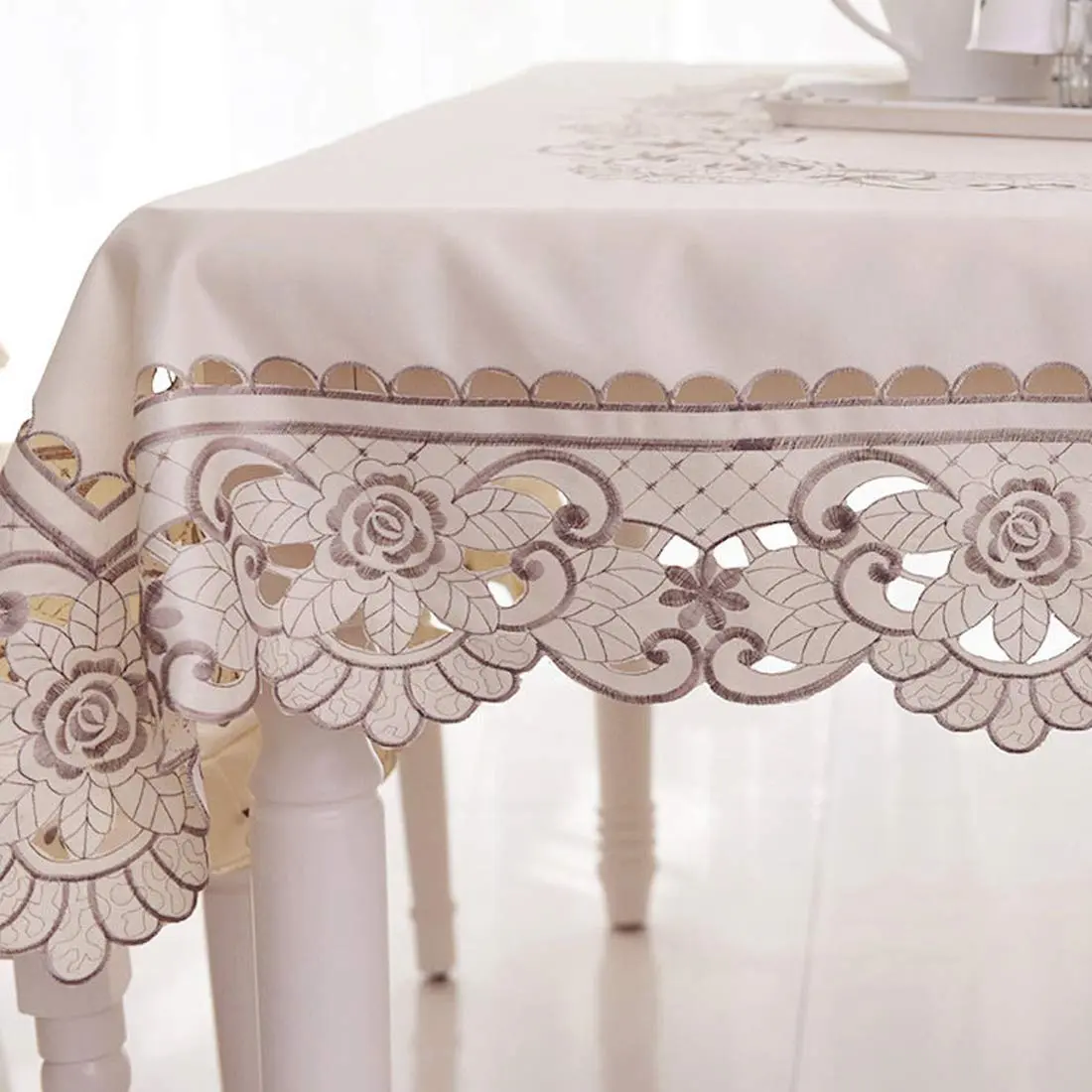 WELLYUK 57" x 57" (145 cm x 145 cm) Vintage Embroidered Brown Flower Classic Lace Square Tablecloth | Elegant Home Decor - view 3