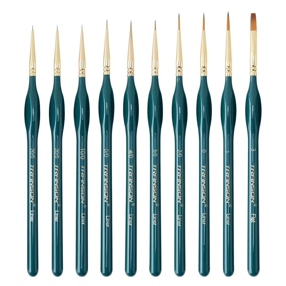 TRANSON 10Pcs Extra Fine Tip Detail Brushes for Model Miniature & Acrylic Watercolor | Precise, Nylon, Green - main product image