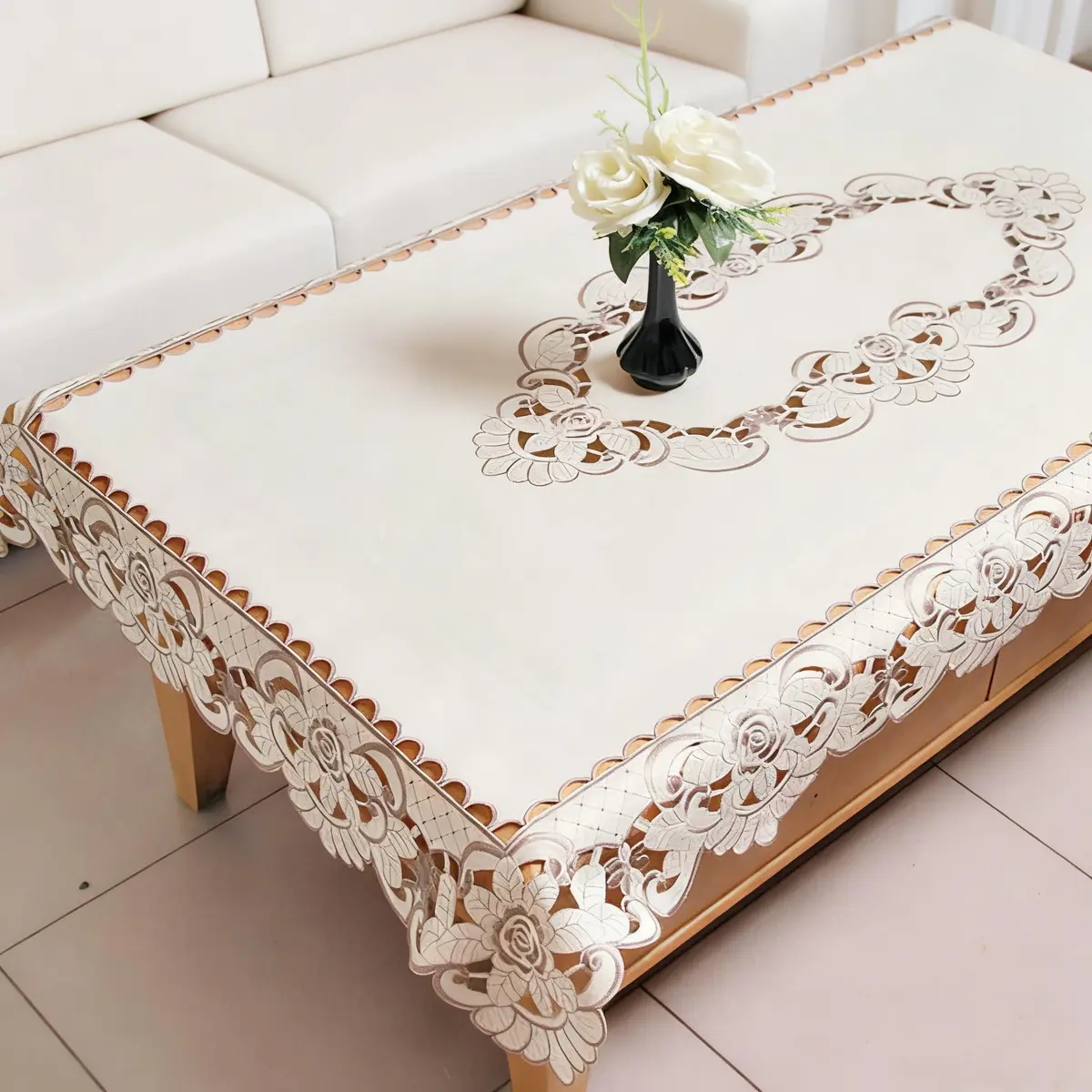 WELLYUK 57 Inch X 86 Inch Oblong Tablecloth, Vintage Embroidery Flower Lace, Brown Flower | Classic Rectangular Polyester Table Cloth - main product image