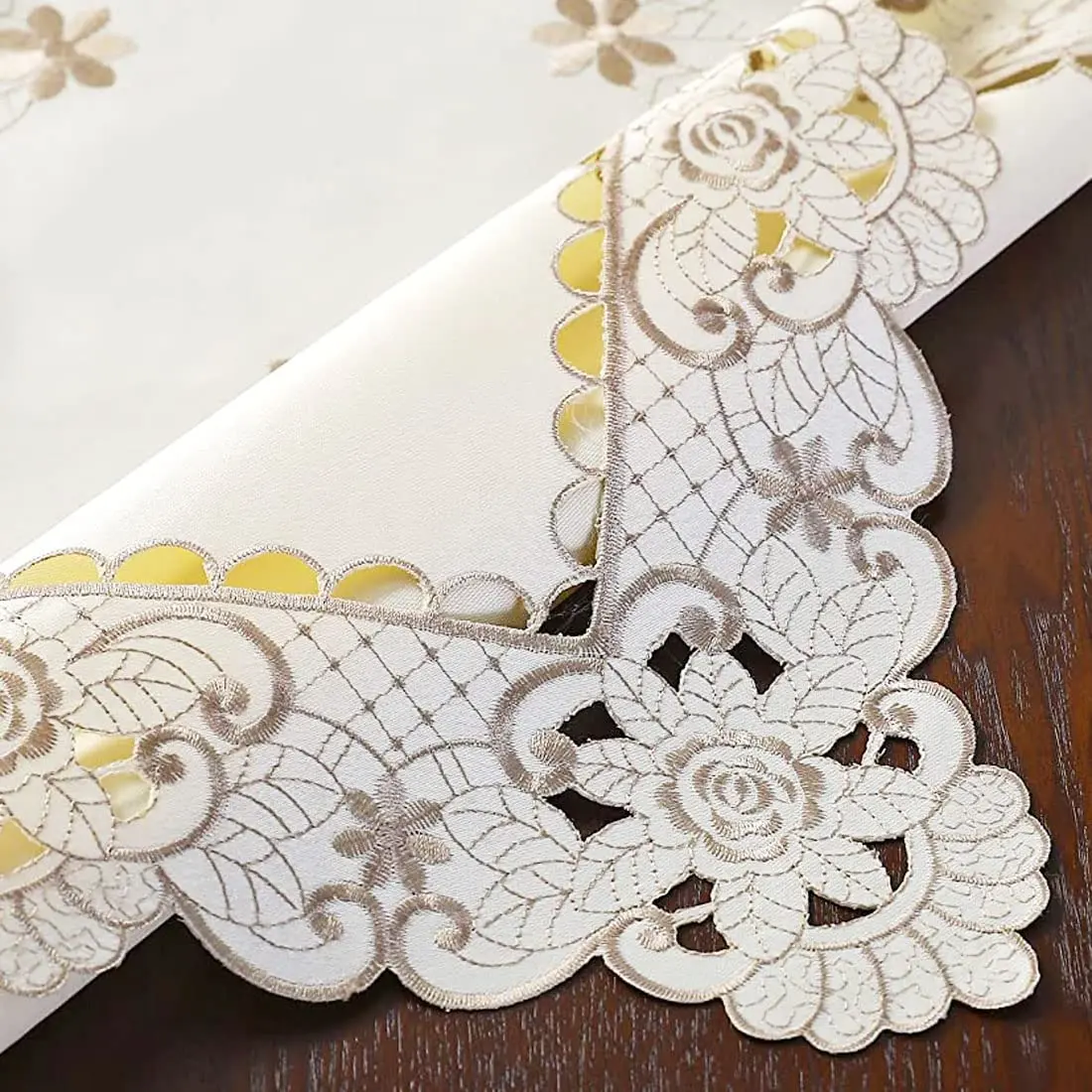 WELLYUK 57 Inch X 86 Inch Oblong Tablecloth, Vintage Embroidery Flower Lace, Brown Flower | Classic Rectangular Polyester Table Cloth - view 6
